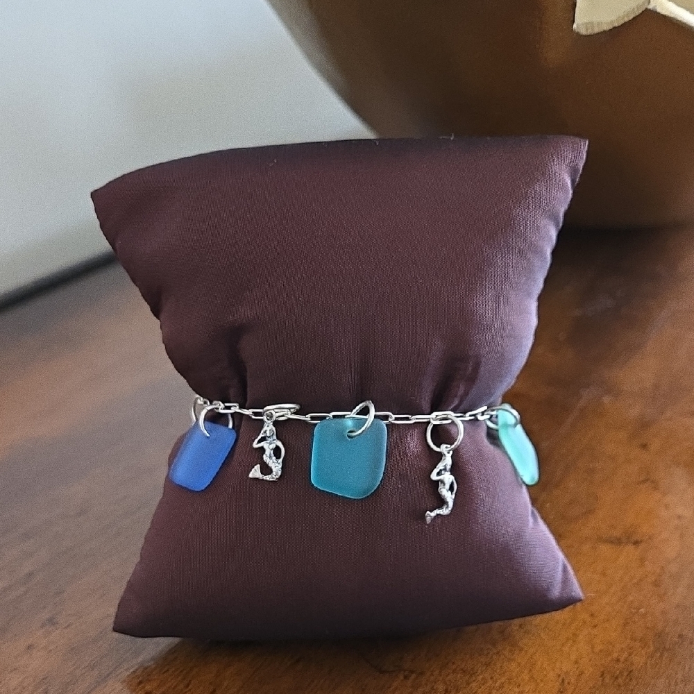 MERMAID Sterling Silver Charm Bracelet with Blue, Green and Purple Sea Glass